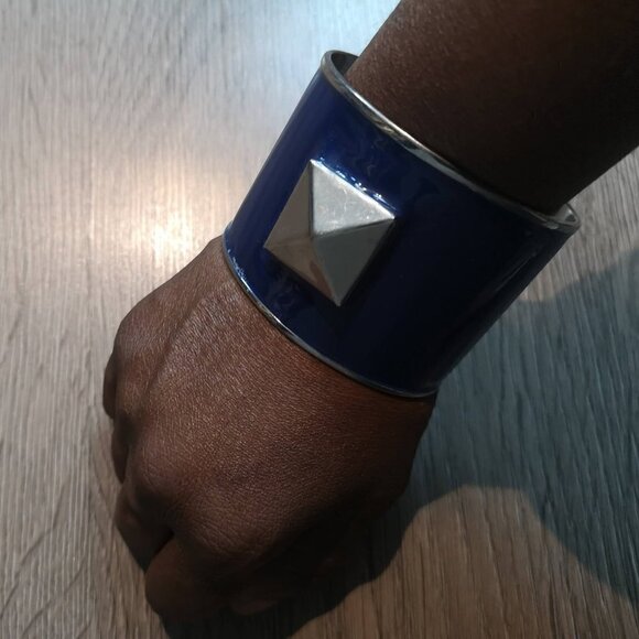 Y2K Vintage Antique Silver Studded Royal Blue Enamel Cuff Bracelet - Picture 1 of 6